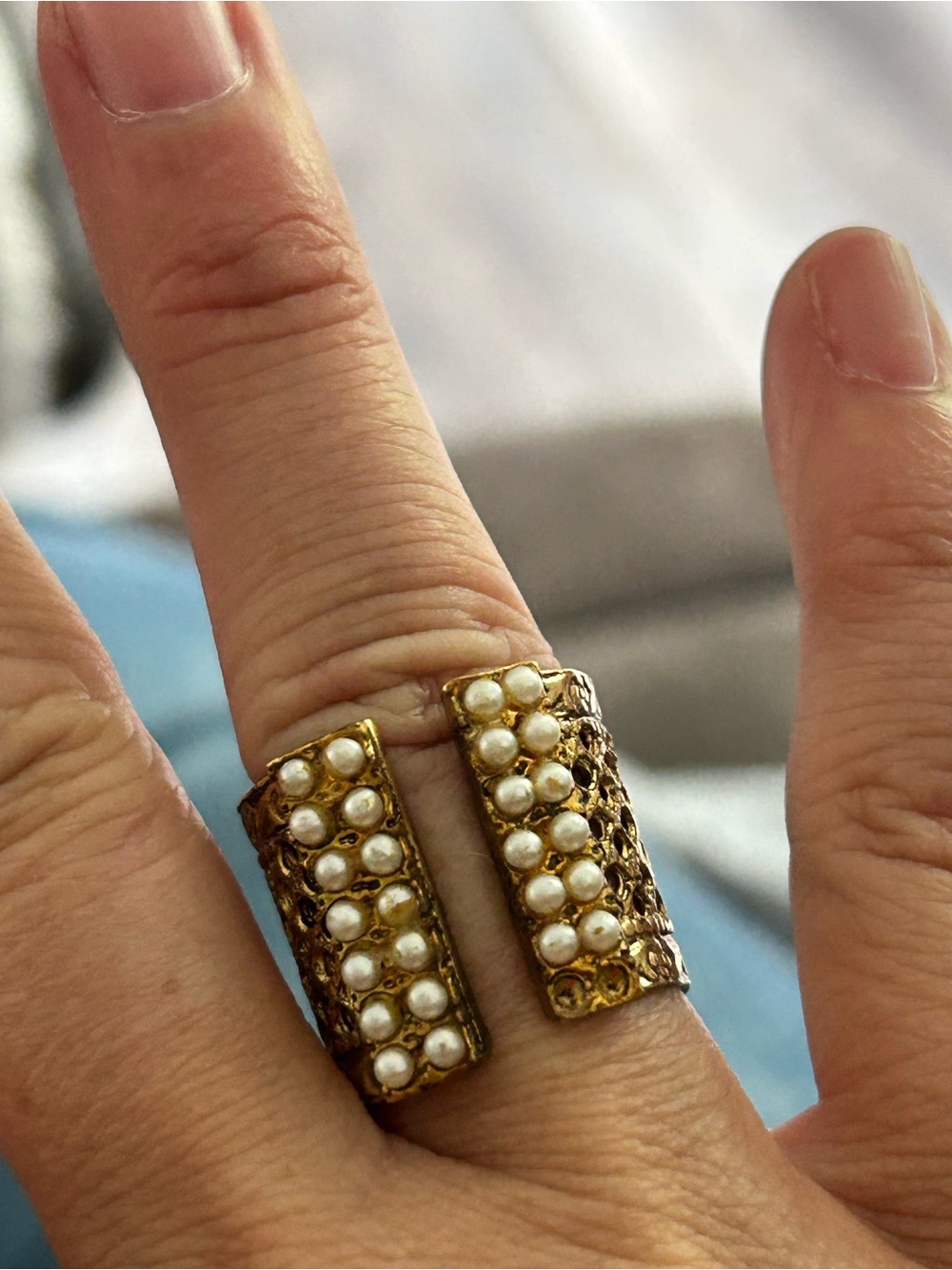 Gold Tone Pearl-Accented Double-Bar Open Ring VTG size 7